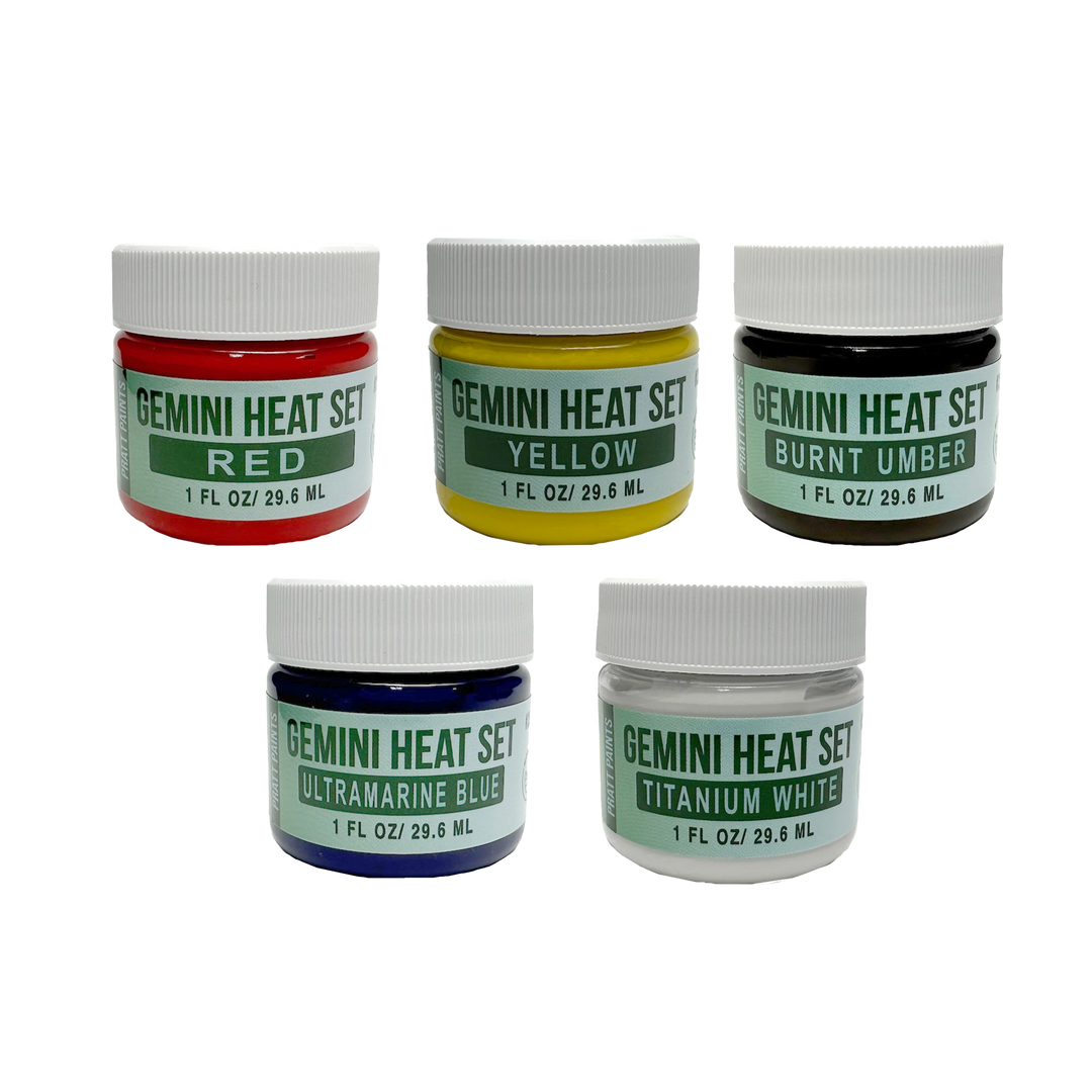 Set of 5 Basic Colors, Red, Yellow, Ultramarine Blue, Titanium White, Burnt Umber, Gemini Heat Set Paint, Comparable to Genesis Heat Set Paint