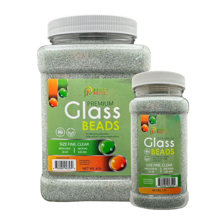 Two jars of Premium Glass Beads with labels on a white background