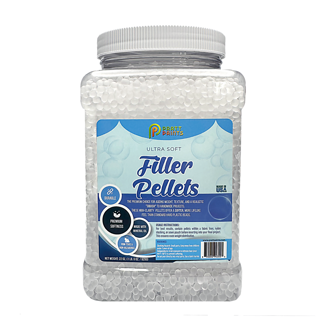 Jar of filler pellets with a blue label on a white background